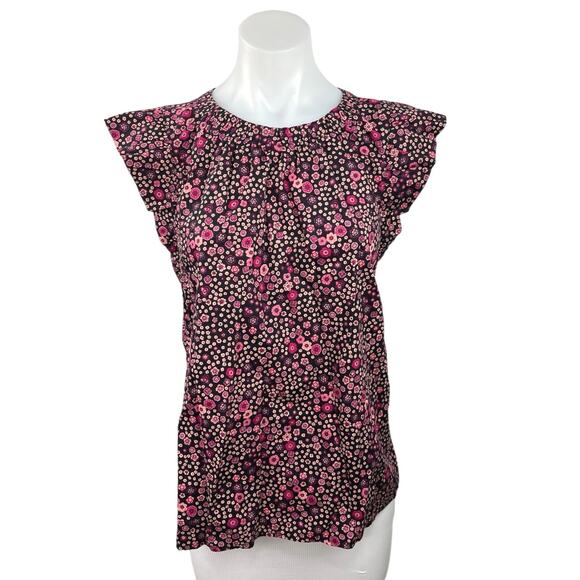 Loft Women's Multicolor Floral Cap Flutter Sleeve Crew Neck Blouse Top Size S - Picture 4 of 7